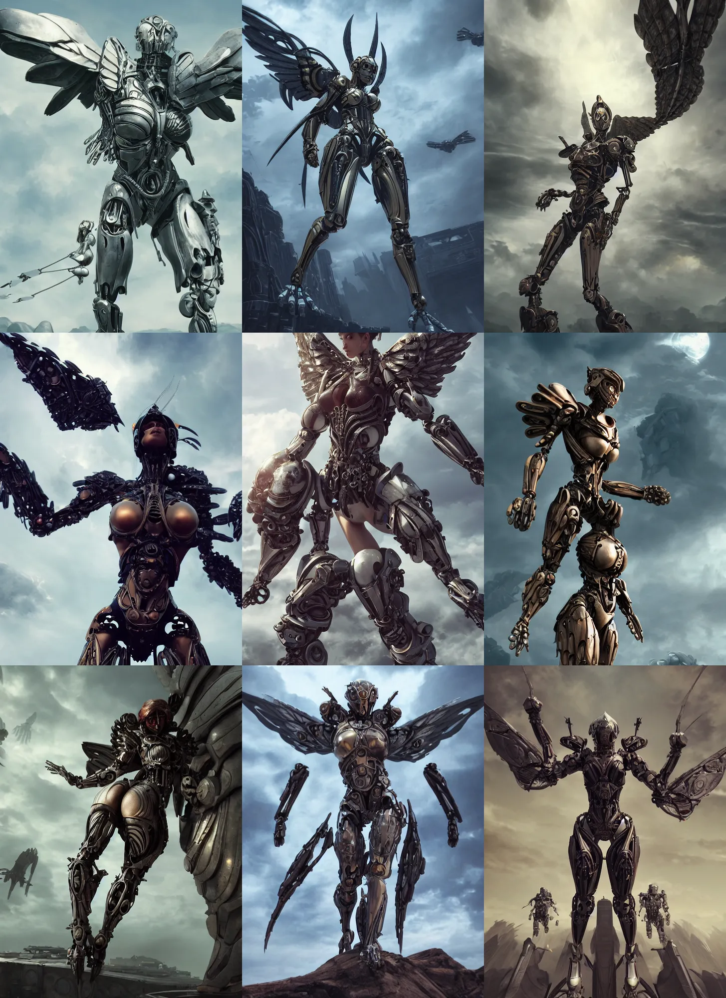 Prompt: muscular woman wearing ((biomechanical)) armor with large robotic wings flying into the sky, matte painting, brutalist painting, Anthem game, battle angel, single character full body, 4k, illustration, concept art, rule of thirds, centered