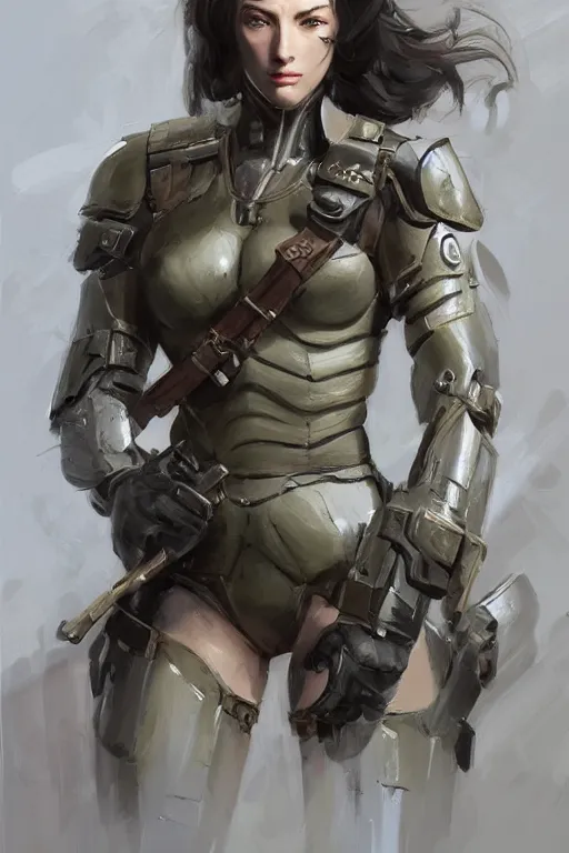 Image similar to a professionally painted portrait of an attractive young woman, clothed in military armor, olive skin, long dark hair, beautiful bone structure, symmetrical facial features, intricate, elegant, digital painting, trending on Artstation, concept art, smooth, sharp focus, illustration, from Metal Gear by Ruan Jia and Mandy Jurgens and Artgerm and William-Adolphe Bouguerea, award winning