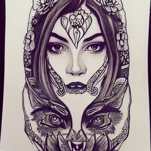 Image similar to tattoo design of a beautiful girl face, above the girls head there is a tiger head, hyper detailed, in the design of eliot kohek