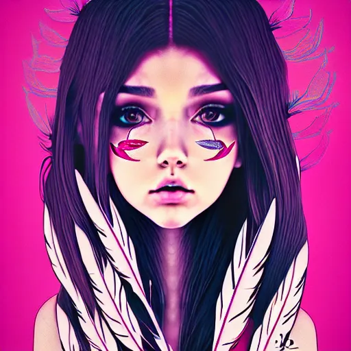 Image similar to skydoll like madison beer by alessandro barbucci, by loish, by audrey kawasaki, barbbara cannepa global illumination, feathers texture overlays, wood veins on top