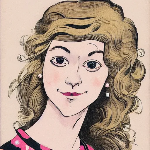 Prompt: Print. A beatiful portrait of a young woman, pictured from the shoulders up, wearing a pearl necklace and earrings. She has blonde hair that is styled in loose curls, and she is looking to the side with a soft expression. by Jillian Tamaki, by Mœbius minimalist, forbidding