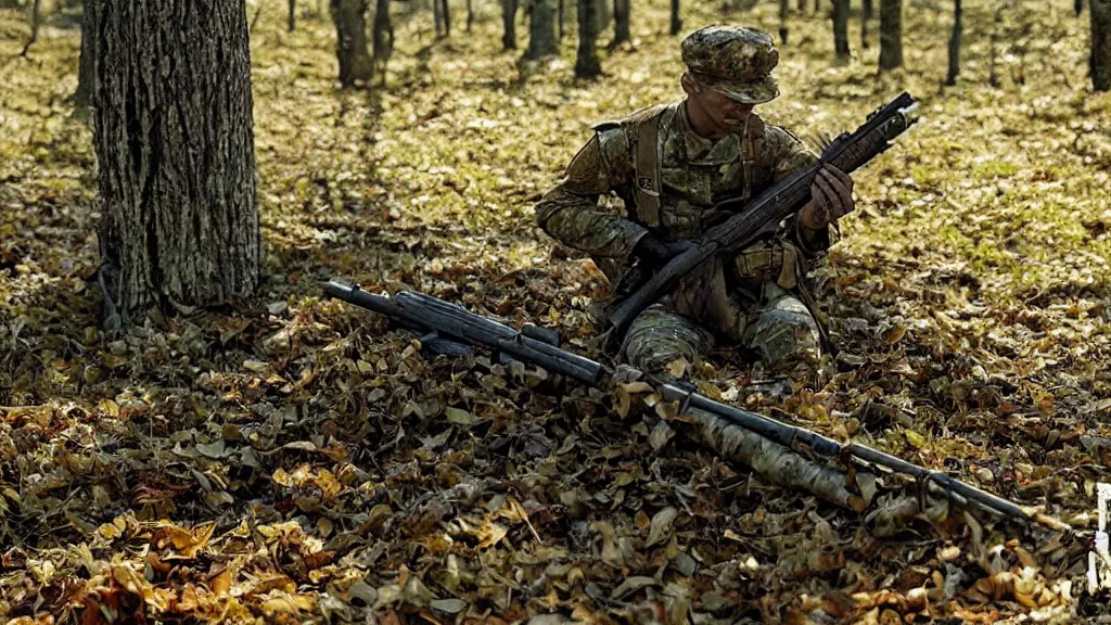 Prompt: a soldier with a rifle in tarkov made of leaves and twigs hiding in a tree, film still from the movie directed by Denis Villeneuve with art direction by Salvador Dalí, wide lens