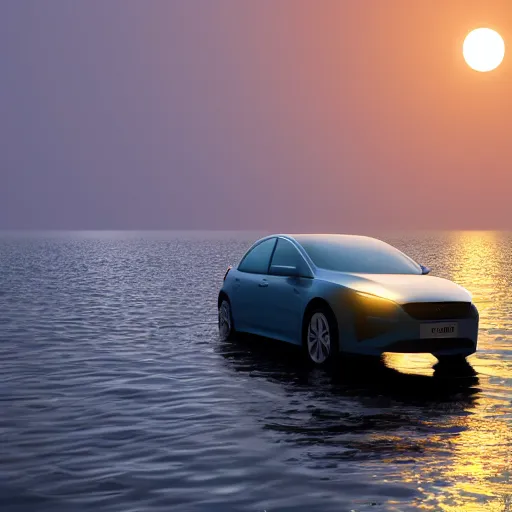 Image similar to man on the car in the middle of sea, moon glowing, 4 k render,