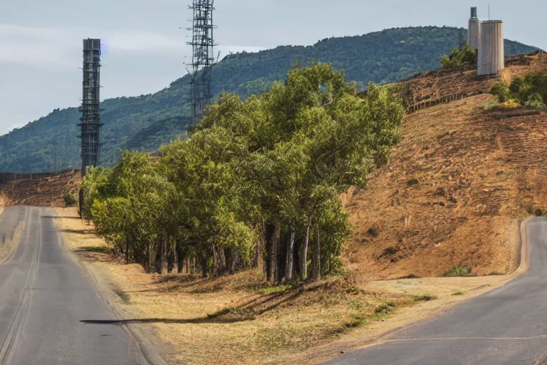 Image similar to looking down road of warehouses. hills background with radio tower on top. telephoto lens compression.