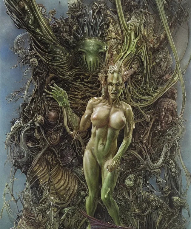 Prompt: a portrait photograph of a muscular jeri ryan as a strong alien harpy queen with slimy amphibian skin. she is trying on a black bulbous infected slimy organic membrane parasite cloak and transforming into an insectoid amphibian. by donato giancola, walton ford, ernst haeckel, brian froud, hr giger. 8 k, cgsociety