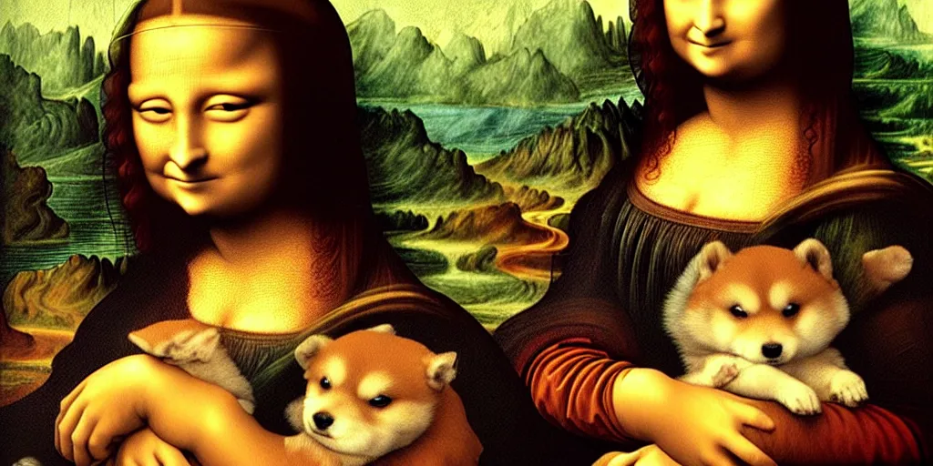 Prompt: leonardo da vinci's 《 mona lisa 》 holding a shiba inu ， oil painting, by leonardo da vinci