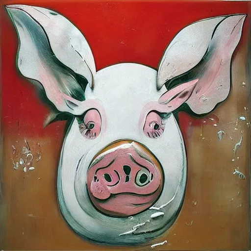 Image similar to “pig paintings and pig sculptures in a pig art gallery, pork, ikebana white flowers, white wax dripping, squashed raspberry stains, acrylic and spray paint and oilstick on canvas, by munch and Dali”