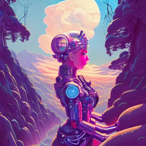 Image similar to gouache, ethereal cybernetic princess in the mountains, extremely detailed, sharp focus, wide view, full body shot, smooth, digital illustration, by lisa perrin!!!!, dan mumford, james jean, by rossdraws, frank franzzeta, sakimichan