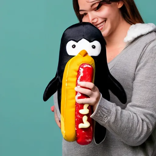 Image similar to A penguin plush holding a hotdog. Beautifully made, detailed, cute, soft. High quality, studio lighting, product image