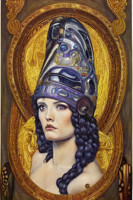 Prompt: hyper realistic painting of the goddess athena, art deco, art nouveau, hr giger, bussiere, gustav klimt, extremely detailed, intricate border