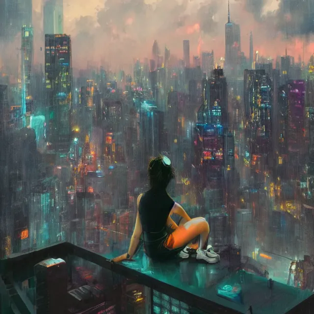 Prompt: a girl sitting on a ledge overlooking a futuristic new york city below, ghostpunk, neon lights, storm clouds, rain, by craig mullins, by jc leyendecker, by james jean