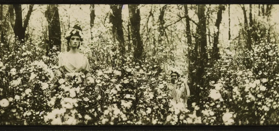 Image similar to portrait of a beautiful woman covered in flowers, Forest, ray gods, 1910 polaroid photography