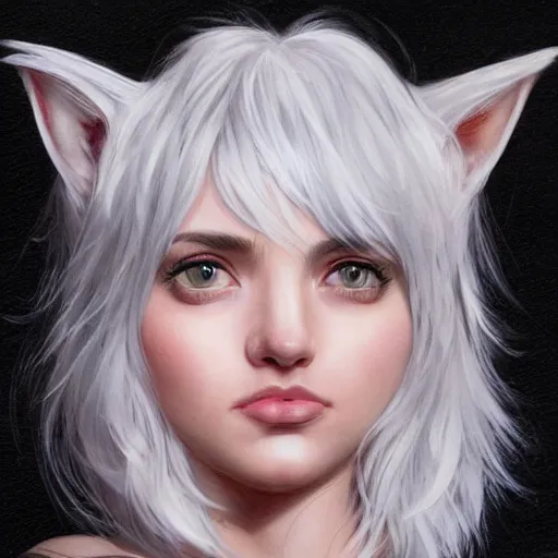 Prompt: 3/4 headshot of young female cat girl, D&D, cute, fantasy, intricate, short hair, black skin, cat face, cat nose, cathead, cat ears, white hair, highly detailed, digital painting, artstation, concept art, smooth, sharp focus, illustration, art by artgerm and H R Giger and alphonse mucha