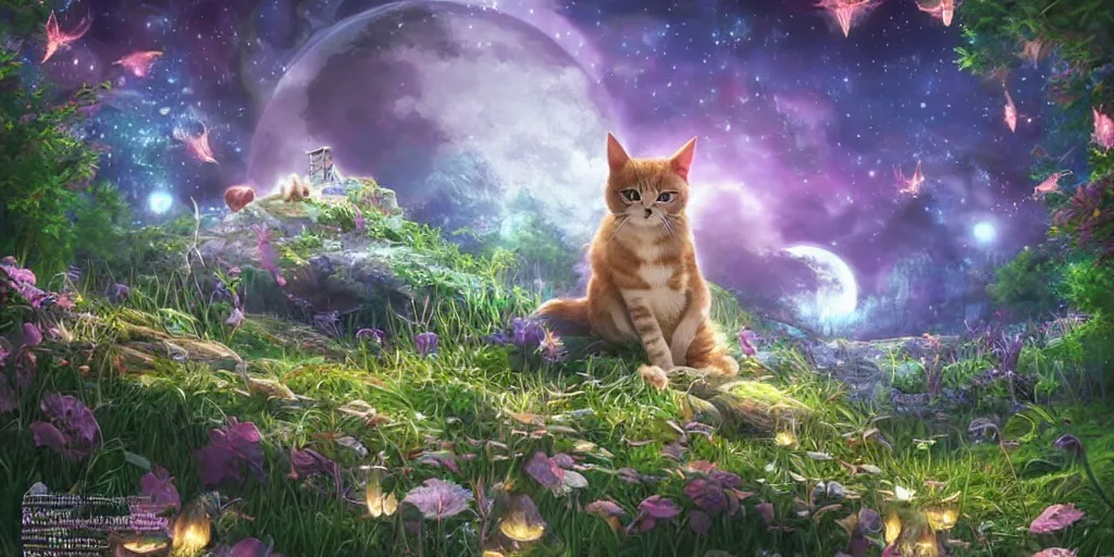 Image similar to final fantasy key visual of a cat, meditating in a magical fantasy garden at night, moonlight, fireflies glowing, lofi feel, magical, highly detailed, digital art, artstation, smooth, hard focus, illustration, art by artgerm - in the style of final fantasy and studio ghibli