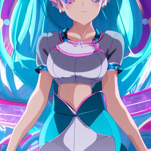 Image similar to stunningly beautiful omnipotent megalomaniacal anime goddess with porcelain skin, pink twintail hair and mesmerizing cyan eyes, symmetrical perfect face smiling in a mischievous, devious and haughty way while looking down upon the viewer, mid view, hyperdetailed, 2 d, 8 k