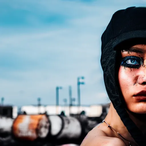 Image similar to photographic portrait of a streetwear woman with watery eyes, a futuristic shanty town burns in the background, closeup, distress, tattoos, sigma 85mm f/1.4, 4k, depth of field, high resolution, 4k, 8k, hd, full color