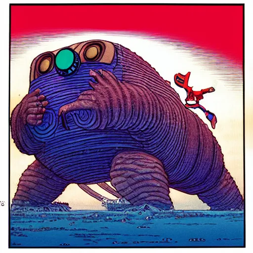 Image similar to a giant tardigrade attacking tokyo, by jean giraud