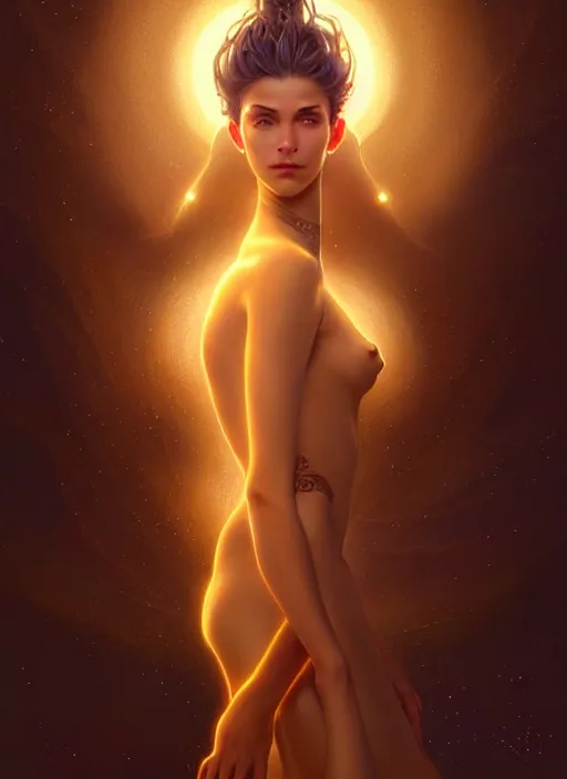 Image similar to a beautiful cinematic female sand goddess, glow golden tatto, galatic shamen with Quantum energy fantasy, fantasy magic, undercut hairstyle, dark light night, intricate, elegant, sharp focus, illustration, highly detailed, digital painting, concept art, matte, art by WLOP and Artgerm and Greg Rutkowski and Alphonse Mucha, masterpiece