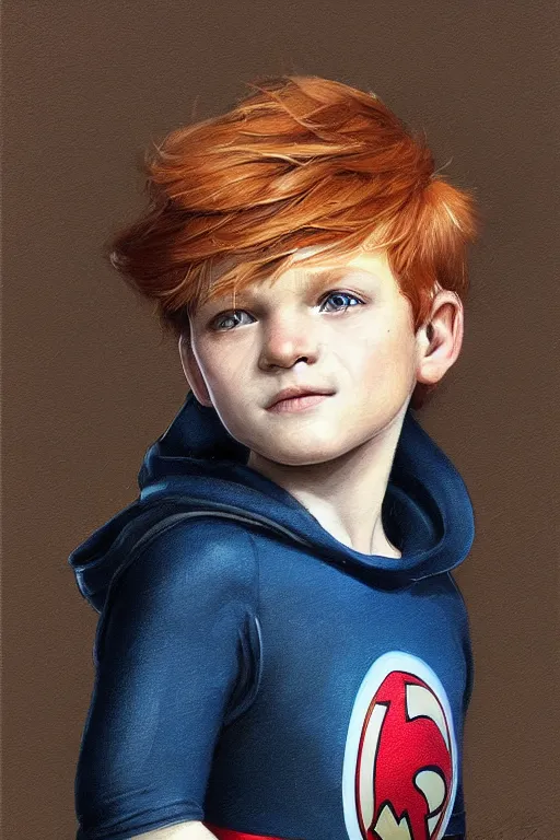 Prompt: a little boy with a michievous face and ginger hair. he is dressed as a superhero. clean elegant painting, beautiful detailed face. by artgerm and greg rutkowski