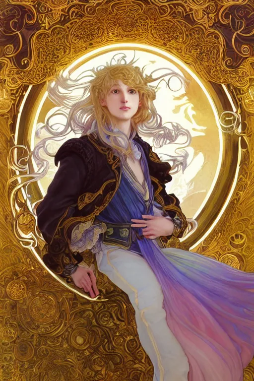 Image similar to fullbody portrait of a young hero with curly blond hairs, soft smile, baroque cloth, luminous scene, final fantasy and legue of legends champion, by chengwei pan and alpfons mucha, gradient white to gold, in front of an iridescent magical building background, highly detailed portrait, digital painting, smooth, focus illustration