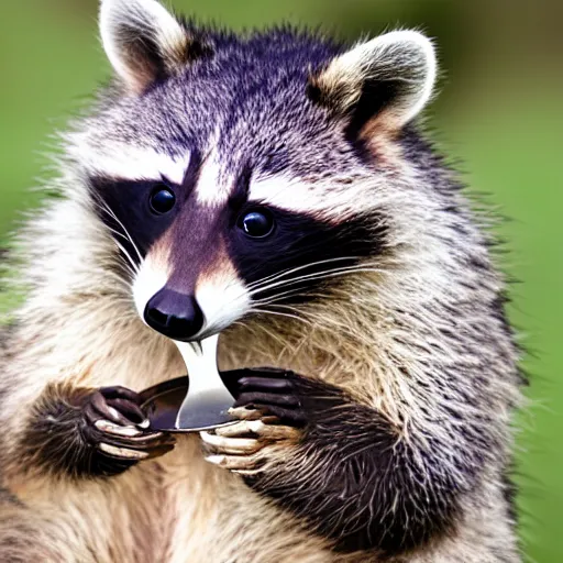 Prompt: raccoon holding a spoon, hd photography