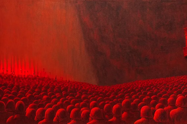 Image similar to only with red, a red melted emperor, taormina amphitheatre, crowd hails him, in the style of beksinski, parts by edward hopper, parts by rodcenko, parts by yue minjun, intricate and epic composition, red by caravaggio, insanely quality, highly detailed, masterpiece, red light, artstation, 4 k