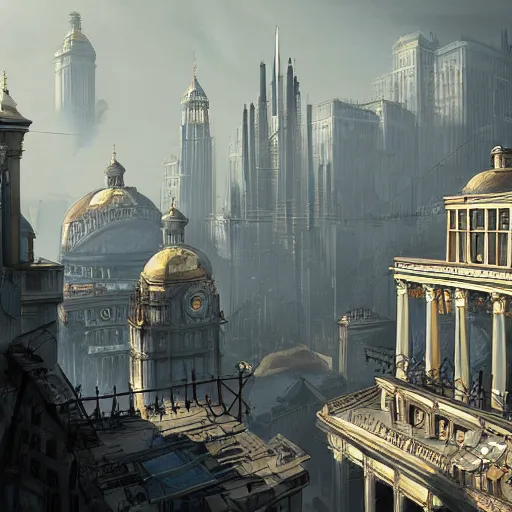 Prompt: a neoclassical city suspended with steel constructions, dishonored, victor antonov, concept art