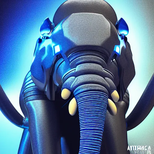 Image similar to hyper realistic cybertronic elephant. high details. complex mechanical body. blue led. cyberpunk style, intricate, trending on art station, 8 k render.