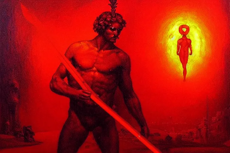 Image similar to only with red, a red melted apollo with a laurel wreath and a flaming sword announce the win, athens in the background, in the style of beksinski, part by hopper, part by rodcenko, part by hofbauer, intricate composition, red by caravaggio, insanely quality, highly detailed, masterpiece, red light, artstation