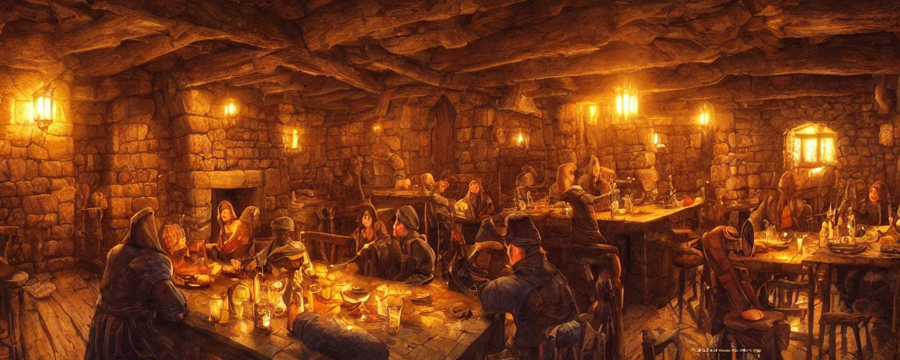 Prompt: Medieval tavern with cozy interior and roaring fireplace, art by michael whelan, warm colors, firelight, oil painting, fantasy art, trending on artstation