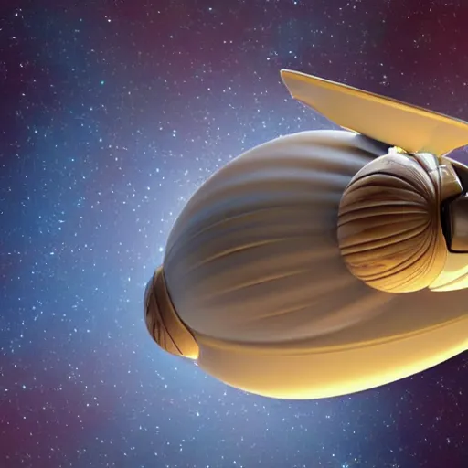 Image similar to a spaceship in the shape of a snail flying through space