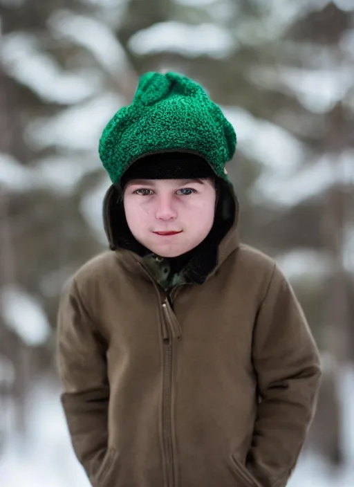 Image similar to portrait photo still of real life young stan marsh wearing a green trapper hat, 8 k, 8 5 mm, f. 1 4