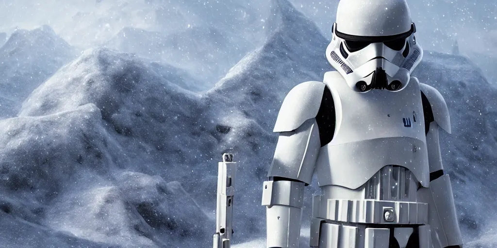 star wars snow trooper on a snowy mountain top, greg | Stable Diffusion