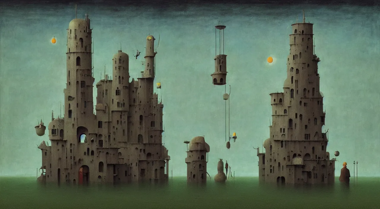 Image similar to single flooded simple!! tower anatomy, very coherent and colorful high contrast masterpiece by franz sedlacek hieronymus bosch dean ellis simon stalenhag rene magritte gediminas pranckevicius, dark shadows, sunny day, hard lighting