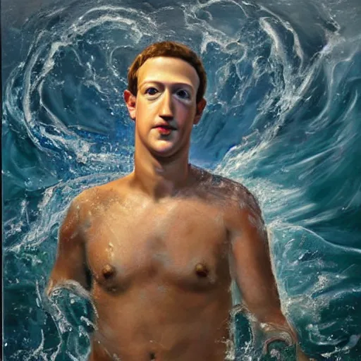 Image similar to mark zuckerberg as poseidon emerging out of the water, oil painting