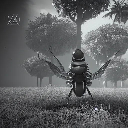 Image similar to insects, green world, realistic, black and white, complex, octane render, unreal engine, photorealistic