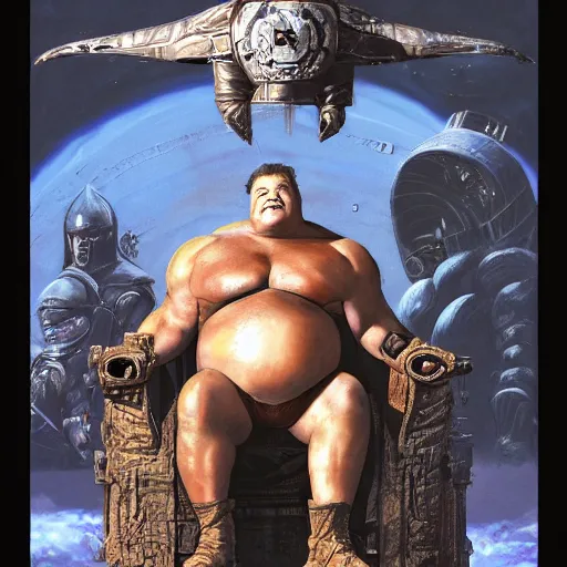 Prompt: sylvester stallone as baron harkonnen wearing a leather spacesuit and sitting on a throne flanked by dark armoured warrior women, by normal rockwell and greg staples and craig mullins, science fiction character concept art, artstation - H 832