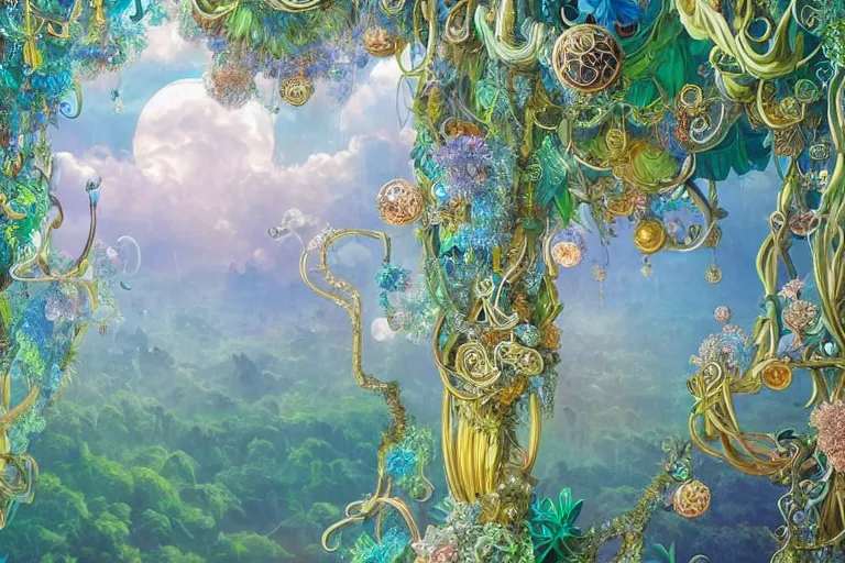 Image similar to simplicity, a huge flock of many ornate intricate puffy filigreed clouds tangled into large whirling ultra detailed crystal specimens, art nouveau jungle environment, playful, award winning art, epic dreamlike fantasy landscape, ultra realistic,