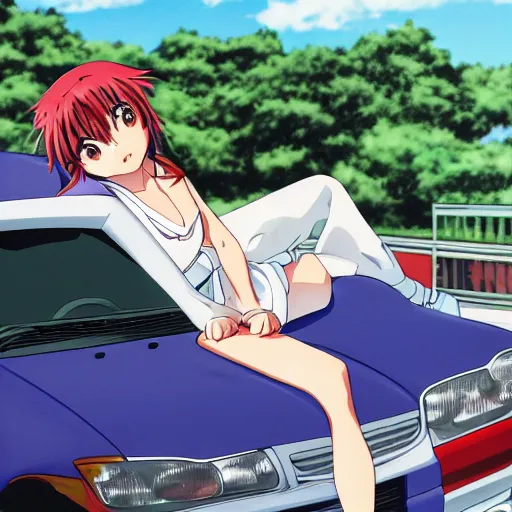 Prompt: closeup of a high definition anime girl riding a Hyundai Accent 1996 model with armenia quindio in the background in Initial D manga style, 8k, official media, wallpaper, hd