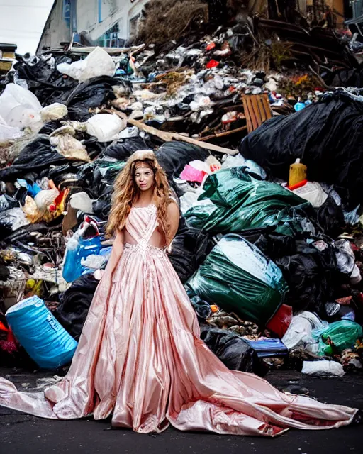 Image similar to a beautiful photo of a Young female with long hair and reflective eyes, Queen of trash wearing a gown made of plastic bags and trash, surrounded by trash all around and in the background, top cinematic lighting , very detailed, shot in canon 50mm f/1.2