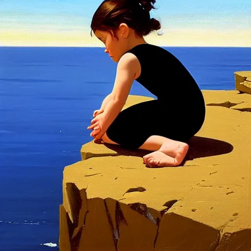 Image similar to asymmetrical, 6 year old girl kneels at edge of cliff facing a gigantic son, by jack vettriano,