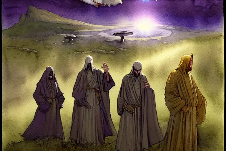 Image similar to a realistic and atmospheric watercolour fantasy character concept art portrait of a group of christians wearing robes and emerging from the mist on the moors of ireland at night. a ufo is in the background. by rebecca guay, michael kaluta, charles vess and jean moebius giraud