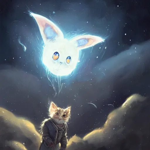 Image similar to a single cartoonish kitten dressed as Gandalf floating in space, bright stars, anime, a fantasy digital painting by Greg Rutkowski and James Gurney, trending on Artstation, highly detailed