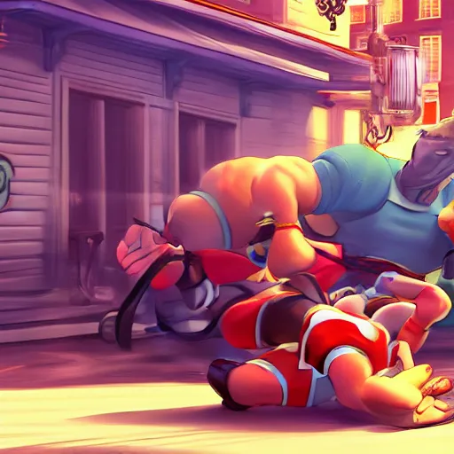 Image similar to disney characters beating up a car, video game graphics, street fighter