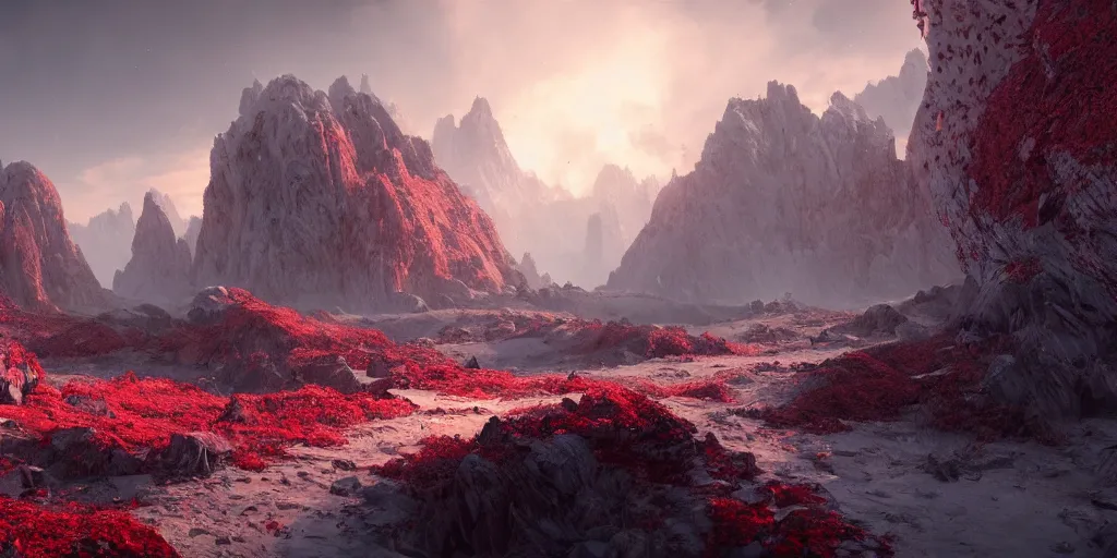 Image similar to a epic landscape full of big red crystals emerging from the ground, concept art, octane render, unreal engine 5, trending on artstation, greg rutkowski, hyperrealistic, highly detailed, high quality, 8 k, dramatic lighting, cinematic, high coherence, high contrast, digital art, high definition, path traced, night