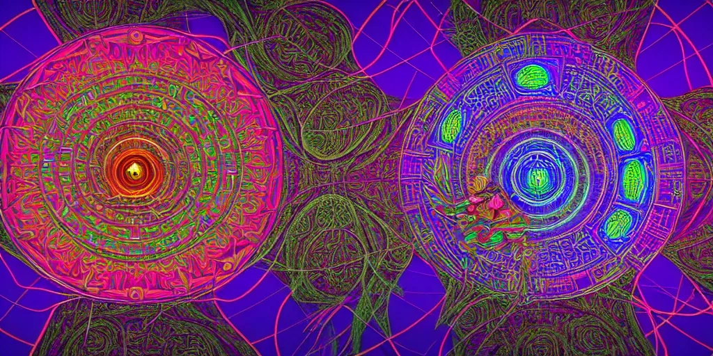 Prompt: dmt spirits, sacred non - euclidean geometric buildings housing dmt time elves, psychedelic architecture, soul frequency, 8 k resolution, highly detailed,