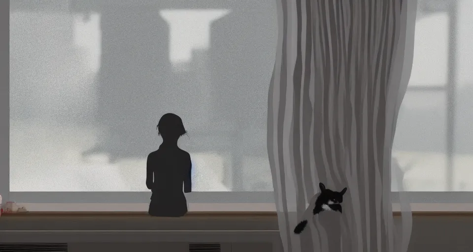 Prompt: silhouette of a girl and her cat, looking out a window on a rainy day, inside a cozy apartment, with a city view. trending on artstation, octave render