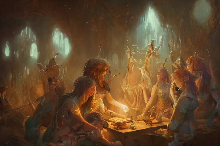 Image similar to the muses. sacred singers they who took up the strings of the deep, and turned the cacophony of an angry world into songs of unity and peace. morning lighting, cinematic fantasy painting, dungeons and dragons, jessica rossier and brian froud