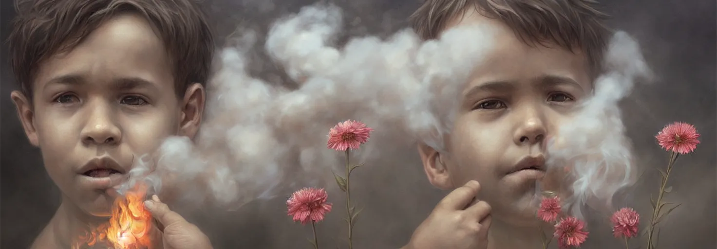 Prompt: young boy looks at the sky from behind the guy's mouth, a puff of smoke falls, the guy's flowers are large, with soft line, symmetrical patterns, in style marco mazzoni, greg rutkowski, artgerm