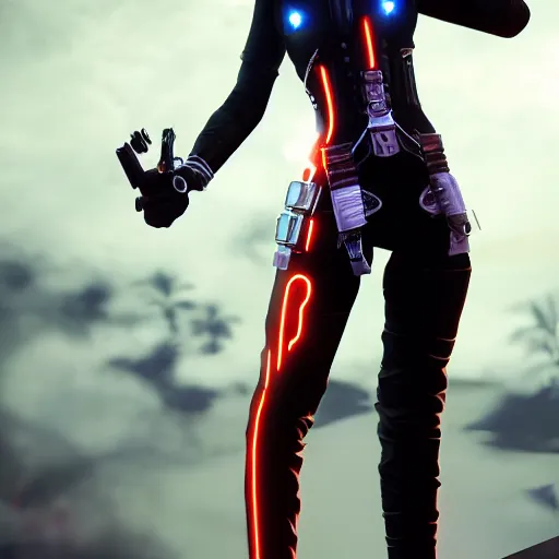 Prompt: Cyberpunk female Caucasian assassin, Red flowing hair, black visor obscuring eyes and nose, black lipstick, shiny white spandex suit, long black boots, fingerless gloves, shoulder mounted turret, white jetpack with neon red accents, wielding 2 glowing red swords, freefalling through the night sky past large navy blue clouds, high quality, unreal engine 5 render, high quality render, octane render, photo realistic, ultra detail, cinematic lighting, realistic